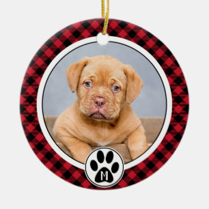 Buffalo Plaid Photo Monogram Pet Christmas  Ceramic Tree Decoration