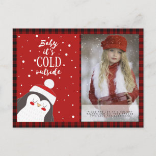 Buffalo Plaid Photo Xmas New Year Folk Art Penguin Postcard