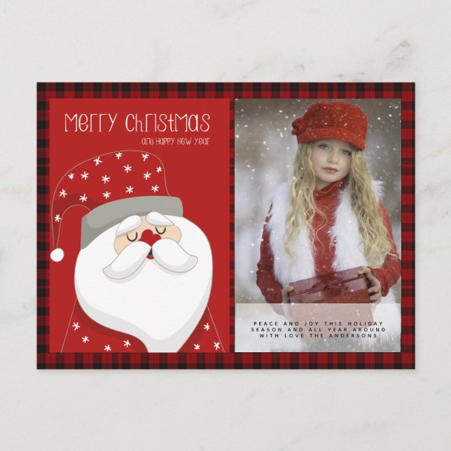 Buffalo Plaid Photo Xmas New Year Folk Art Santa Postcard (Front)
