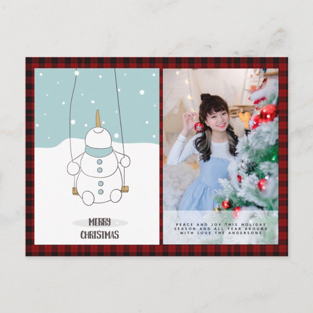 Buffalo Plaid Photo Xmas New Year Folk Art Snowman Postcard (Front)