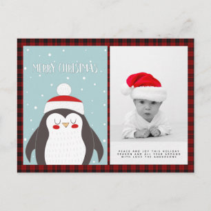 Buffalo Plaid Photo Xmas NewYear Folkart Penguin Postcard