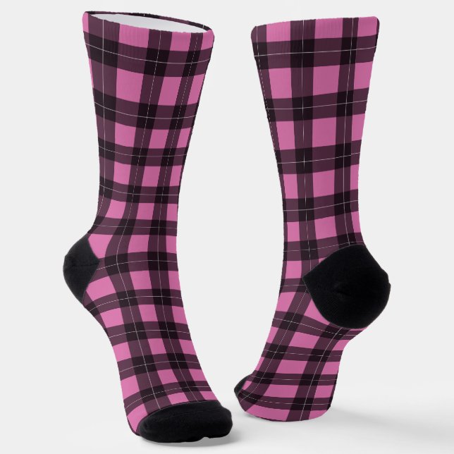 Buffalo Plaid Pink and Black Tartan Patterned Socks (Angled)