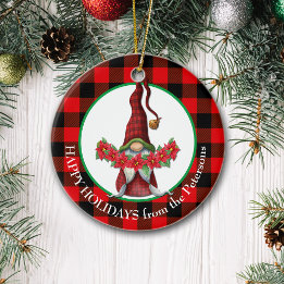 Buffalo Plaid Poinsettia Gnome Ceramic Tree Decoration