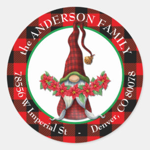 Buffalo Plaid Poinsettia Gnome Return Address Classic Round Sticker