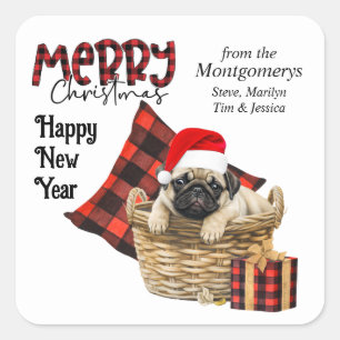 Buffalo Plaid Pug Puppy Christmas Square Sticker