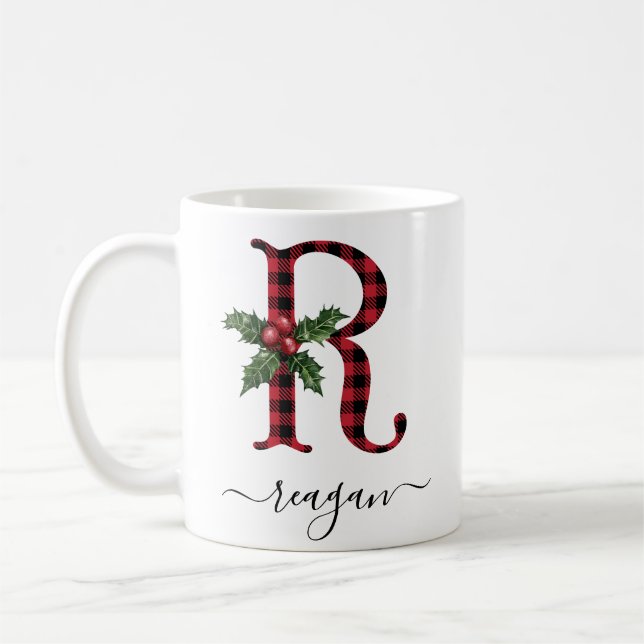 Buffalo Plaid R Monogram Christmas Coffee Mug (Left)