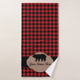 Buffalo Plaid Red and Black Cabin Bear Monogram Bath Towel Set