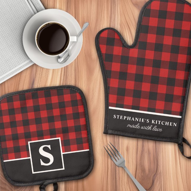 Buffalo Plaid Red And Black Chequered Monogrammed Oven Mitt & Pot Holder Set (Creator Uploaded)
