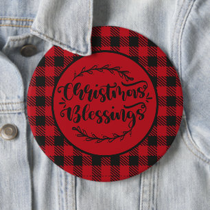 BUFFALO PLAID RED AND BLACK CHRISTMAS GREETING 6 CM ROUND BADGE
