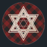 Buffalo Plaid Red and black Classic Round Sticker<br><div class="desc">Minimal classic gold Bar/Bat Mitzvah and Hanukkah modern Star of David against a rustic red buffalo plaid background creates an elegant,  sophisticated design. For other coordinating colours or matching products,  visit JustFharryn @ Zazzle.com or contact the designer,  c/o Fharryn@yahoo.com  All rights reserved. #zazzlemade #christmasdecor</div>