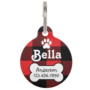 Buffalo Plaid Red and Black Custom Dog Pet Tag