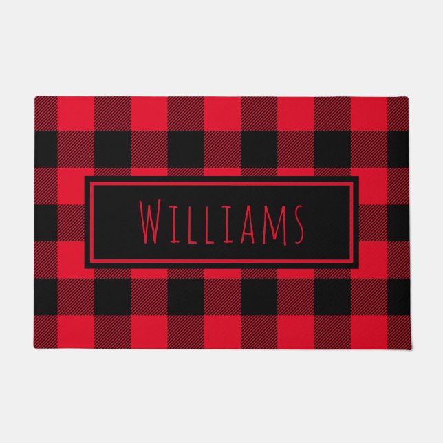 Buffalo Plaid Red and Black Custom Name Doormat (Front)
