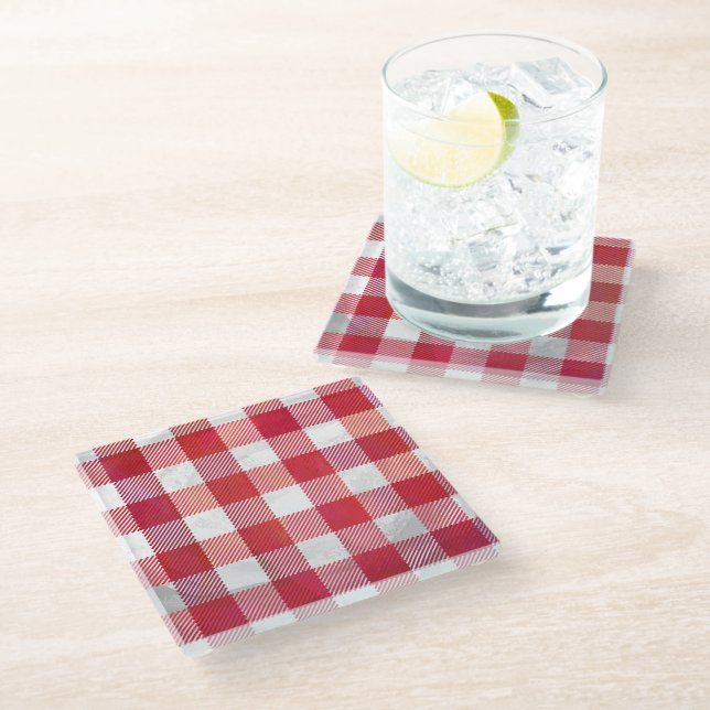 Buffalo Plaid Red and White Glass Coaster (Angled)