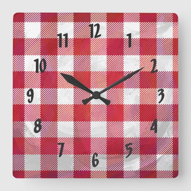 Buffalo Plaid Red and White Square Wall Clock (Front)
