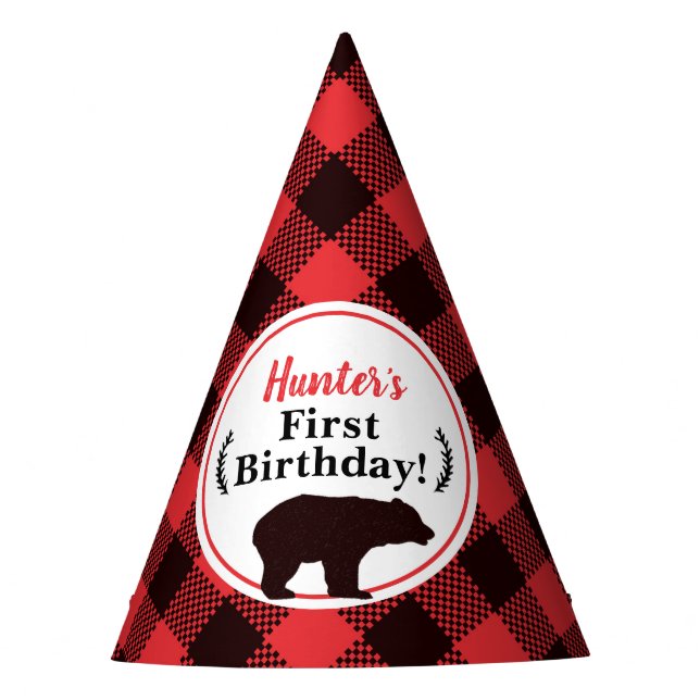 Buffalo Plaid Red Black Bear Birthday Party Hat (Front)