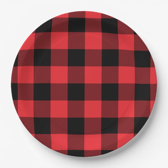 Buffalo Plaid Red Black Check Paper Plate (Front)