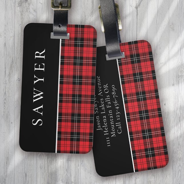 Buffalo Plaid Red Black Monogram Luggage Tag (Creator Uploaded)