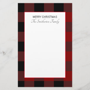 Buffalo Plaid Red Black White Family Christmas Stationery