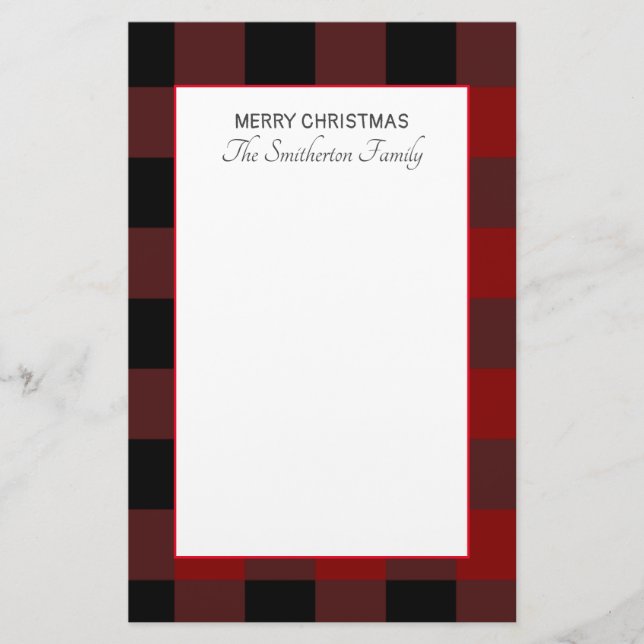Buffalo Plaid Red Black White Family Christmas Stationery (Front)