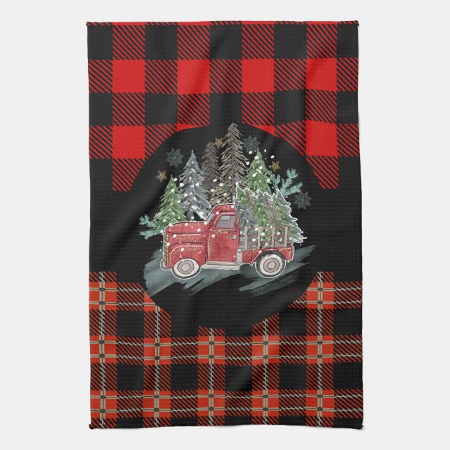 Buffalo Plaid Red Christmas Truck Tea Towel (Vertical)