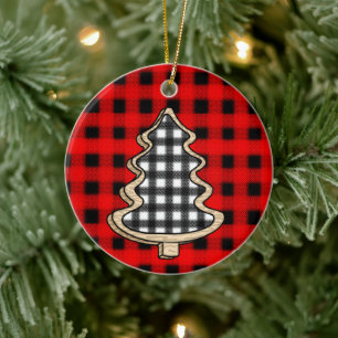 Buffalo Plaid, Red Gingham Christmas Trees Ceramic Tree Decoration