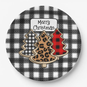 Buffalo Plaid, Red Gingham Christmas Trees Paper Plate
