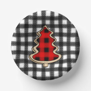 Buffalo Plaid, Red Gingham Christmas Trees Paper Plate