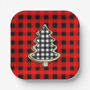 Buffalo Plaid, Red Gingham Christmas Trees    Paper Plate