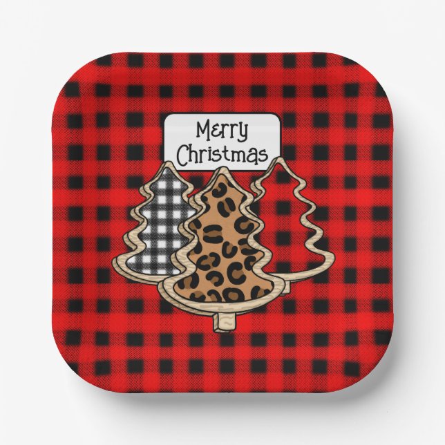 Buffalo Plaid, Red Gingham Christmas Trees Paper Plate (Front)