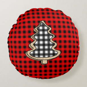 Buffalo Plaid, Red Gingham Christmas Trees   Round Cushion