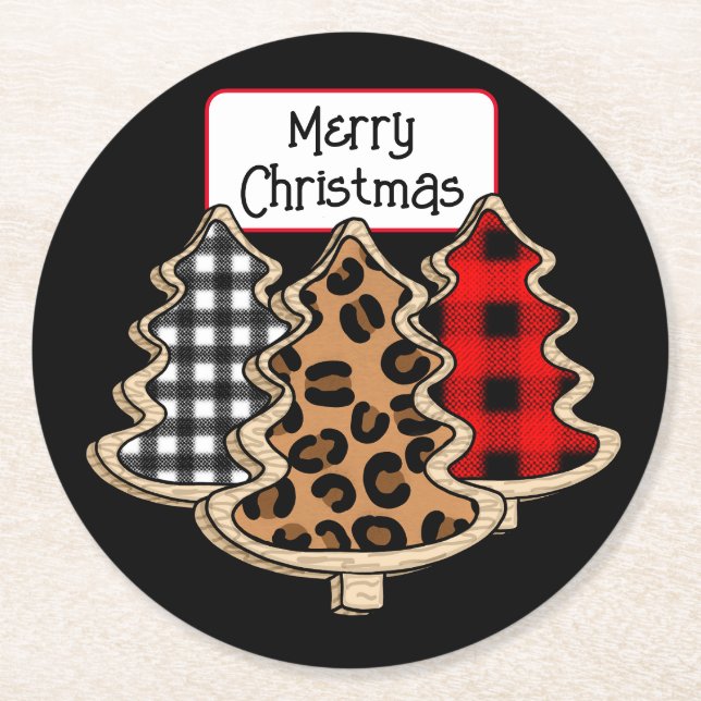 Buffalo Plaid, Red Gingham Christmas Trees    Round Paper Coaster (Front)