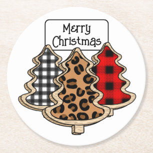 Buffalo Plaid, Red Gingham Christmas Trees   Round Paper Coaster