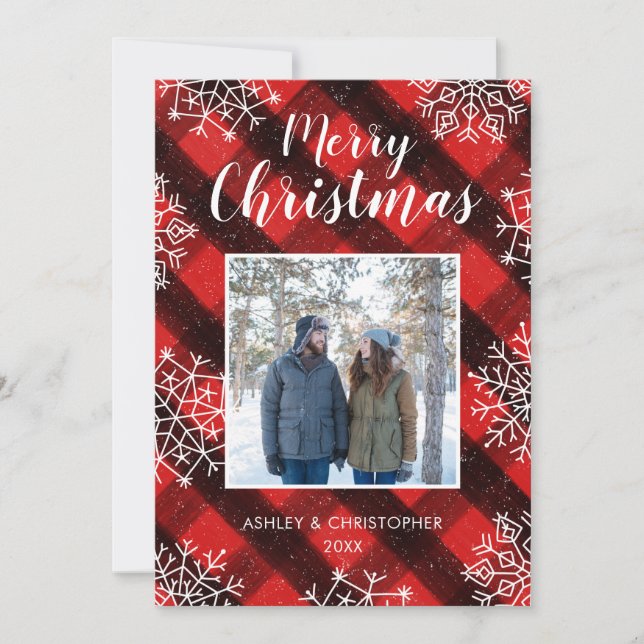 Buffalo Plaid Red Rustic Tartan Christmas Photo Holiday Card (Front)