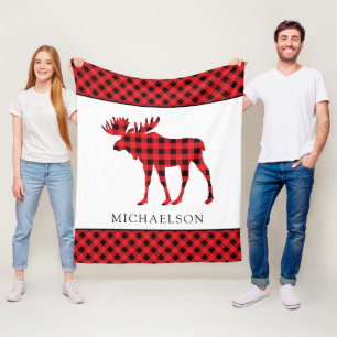 Buffalo Plaid Red Rustic Xmas Moose Silhouette Fleece Blanket