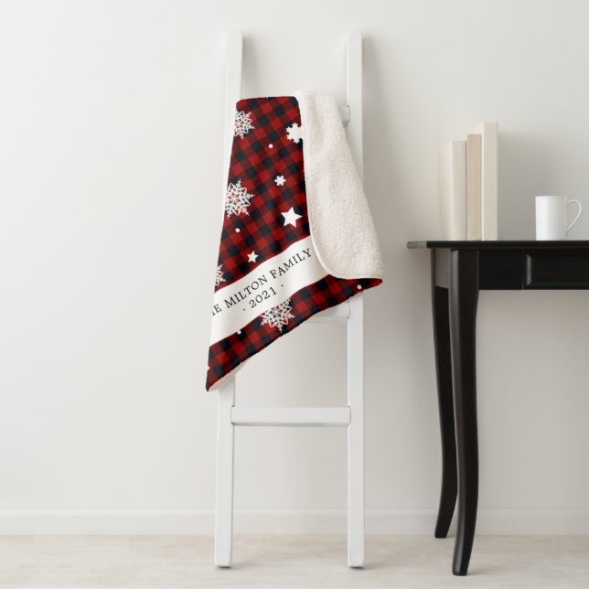 buffalo plaid red snowflake monogram sherpa blanket (In Situ)