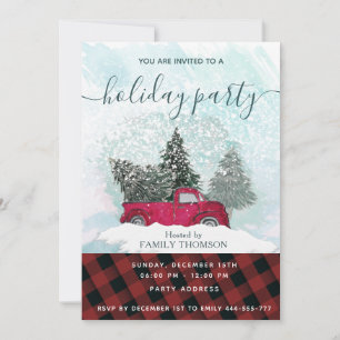 Buffalo plaid red truck winter scene holiday  invi invitation