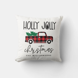 Buffalo Plaid Red Vintage Truck Name Holiday  Cushion