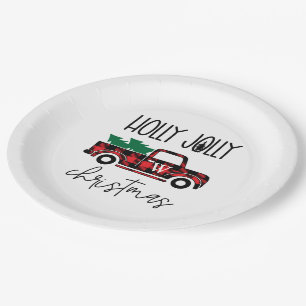Buffalo Plaid Red Vintage Truck Tree Monogrammed   Paper Plate