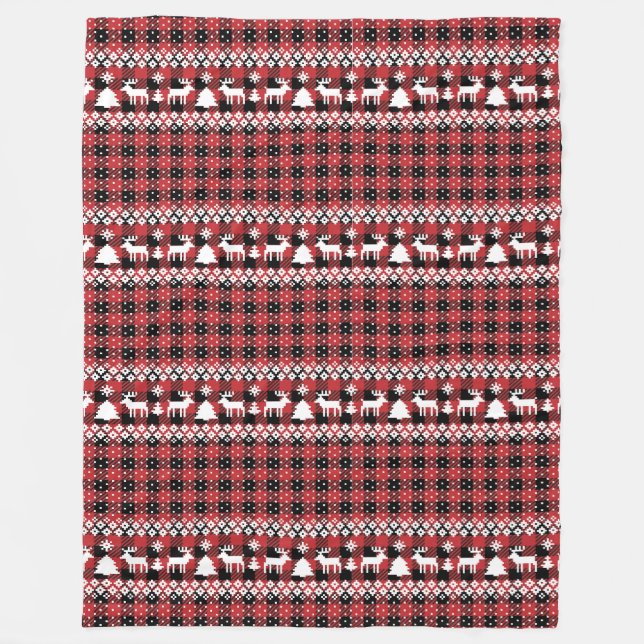 Buffalo Plaid Reindeer Fair Isle Fleece Blanket (Front)