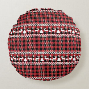 Buffalo Plaid Reindeer Fair Isle Round Cushion