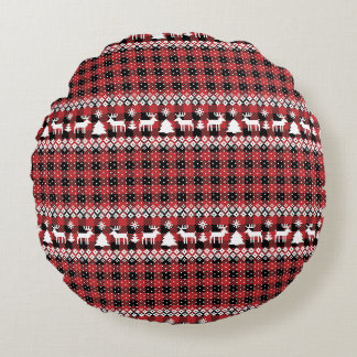 Buffalo Plaid Reindeer Fair Isle Round Cushion