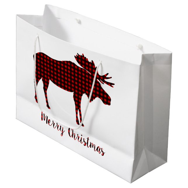 Buffalo Plaid Reindeer Merry Christmas Typography Large Gift Bag (Front Angled)