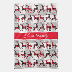 Buffalo Plaid Reindeers on Grey Buffalo Plaid Tea Towel