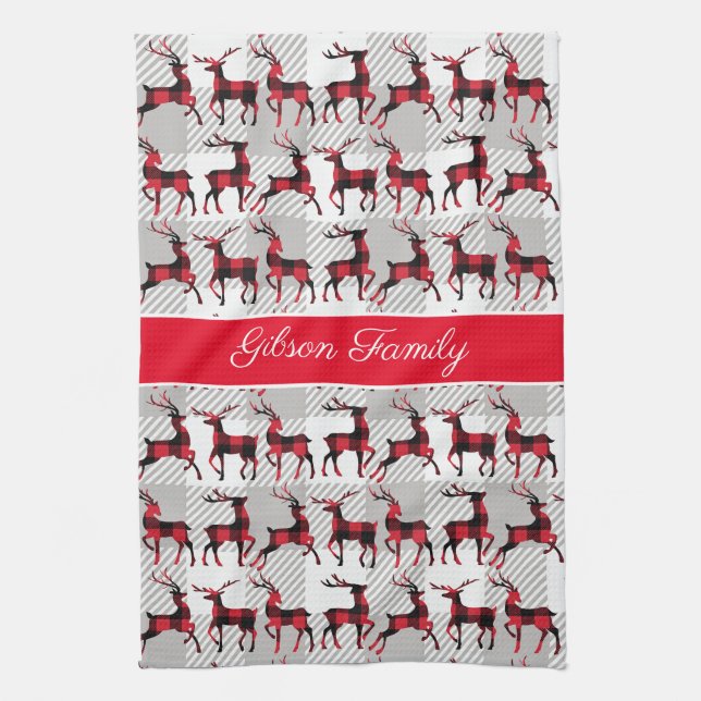 Buffalo Plaid Reindeers on Grey Buffalo Plaid Tea Towel (Vertical)