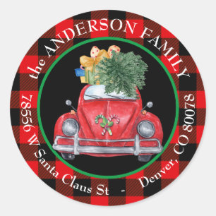 Buffalo Plaid Retro Car Christmas Return Address Classic Round Sticker
