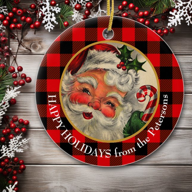 Buffalo Plaid Retro Santa Claus Ceramic Tree Decoration (Creator Uploaded)