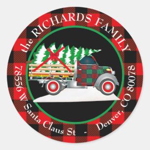 Buffalo Plaid Retro Truck Christmas Return Address Classic Round Sticker