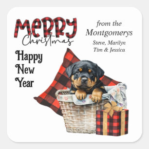 Buffalo Plaid Rottweiler Puppy Christmas Square Sticker