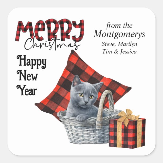 Buffalo Plaid Russian Blue Kitten Christmas Square Sticker (Front)