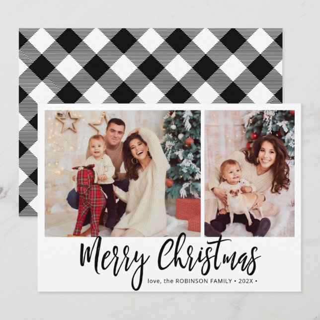 Buffalo Plaid Rustic 2 Photo Collage Christmas  Holiday Card (Front/Back)